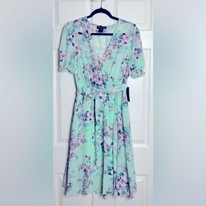 Green Puff Sleeve V-Neck Midi SunDress floral